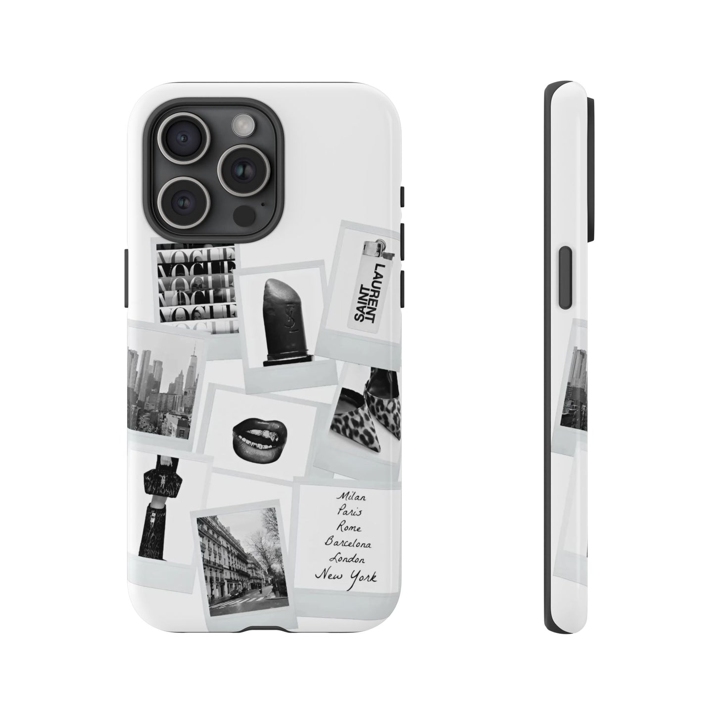Phone Case — Black & White Polaroid Collage (City, Fashion, Lipstick)