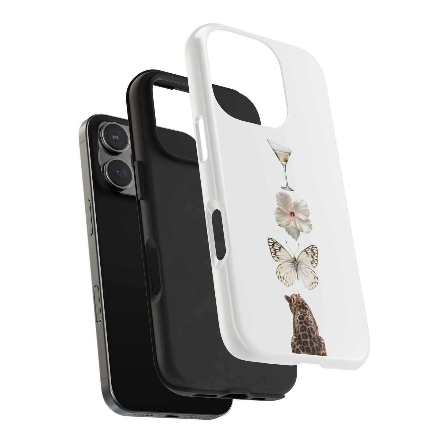 Elegant Nature-Inspired Tough Phone Case with Martini, Flower, Butterfly, and Leopard Design