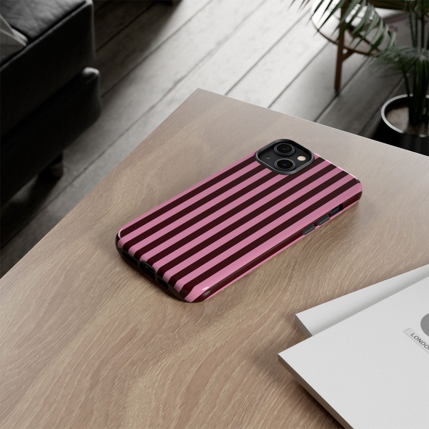 Striped Pink & Burgundy Tough Phone Case — Durable Vertical Stripe Protection