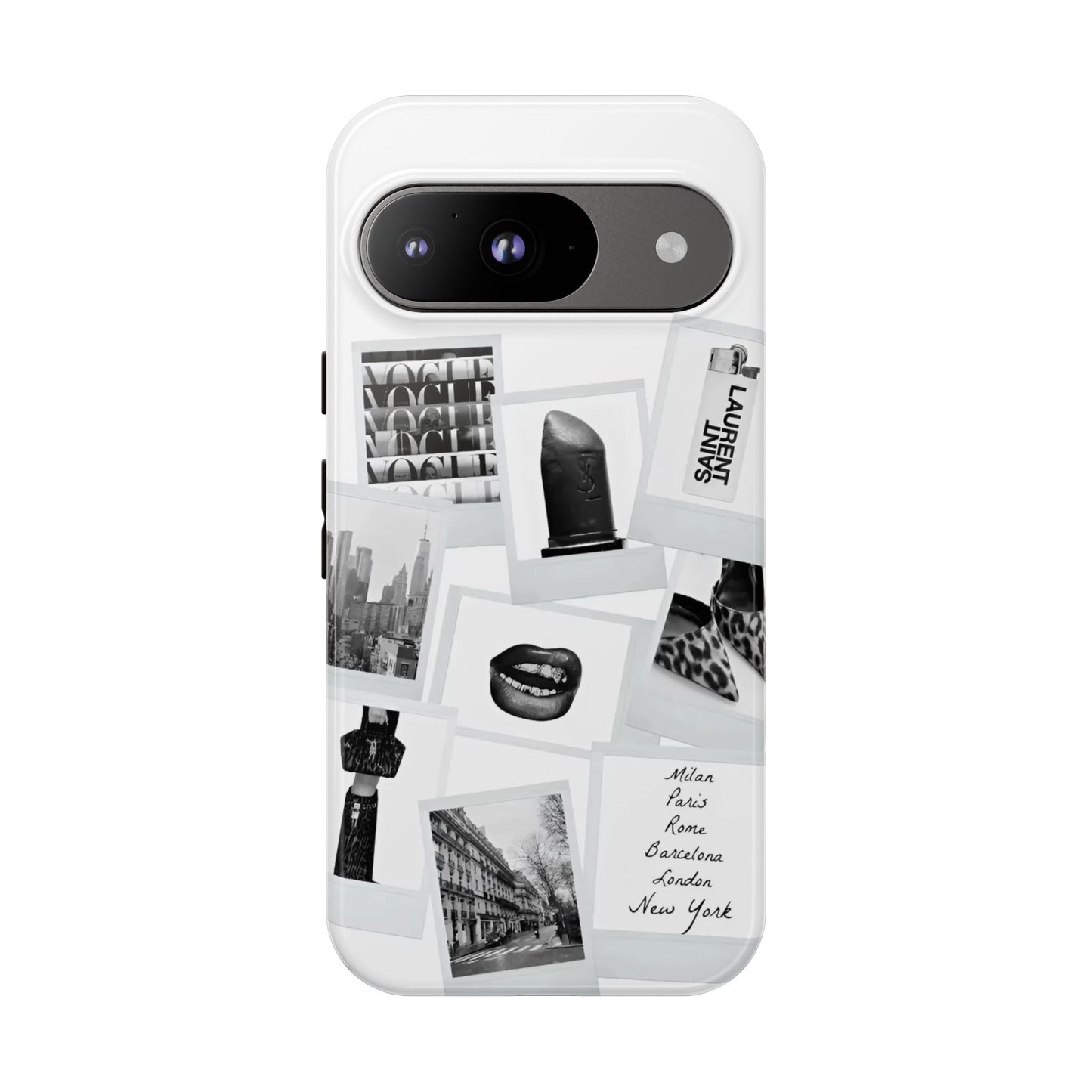 Phone Case — Black & White Polaroid Collage (City, Fashion, Lipstick)