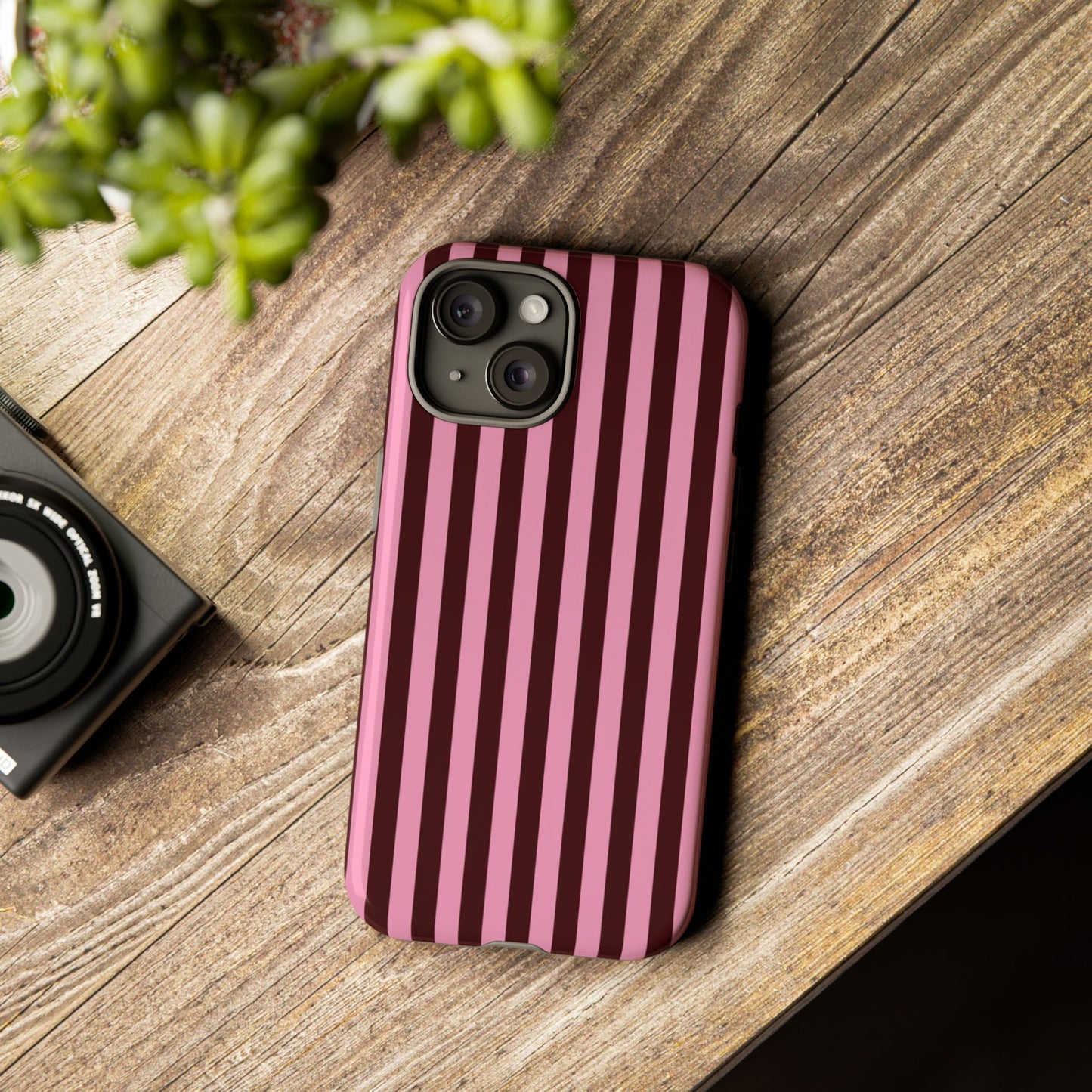 Striped Pink & Burgundy Tough Phone Case — Durable Vertical Stripe Protection