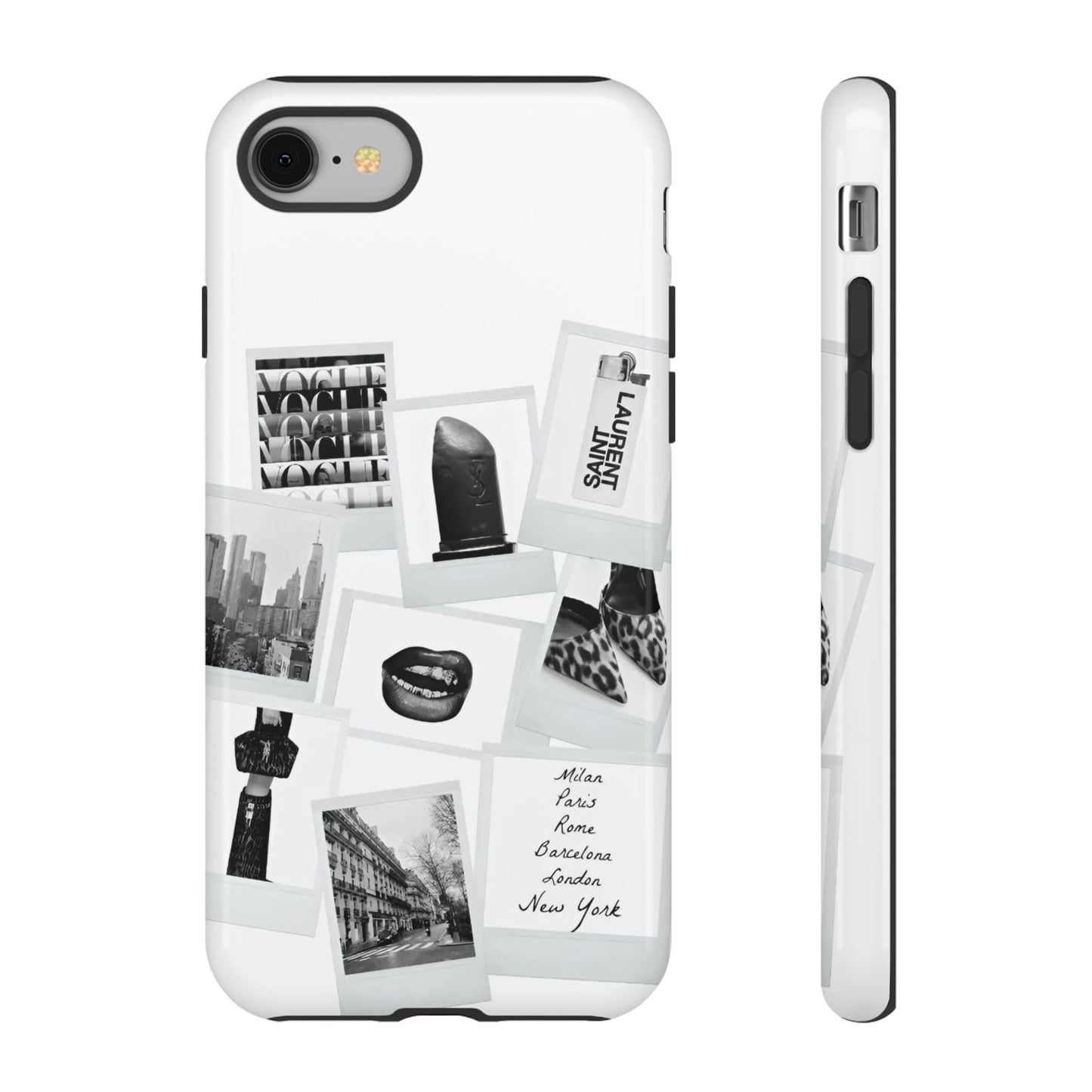 Phone Case — Black & White Polaroid Collage (City, Fashion, Lipstick)