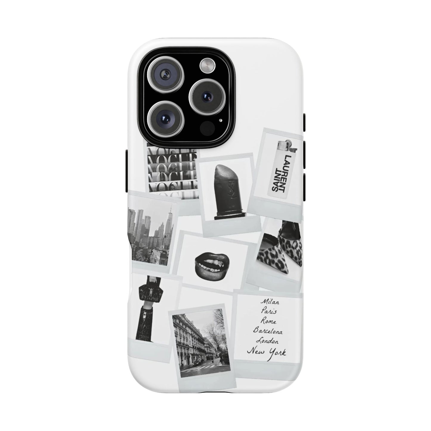 Phone Case — Black & White Polaroid Collage (City, Fashion, Lipstick)
