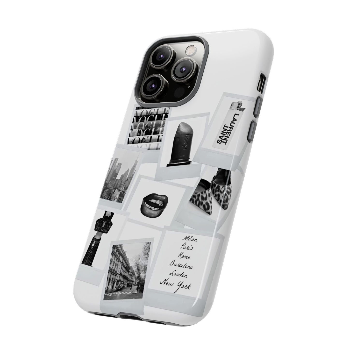 Phone Case — Black & White Polaroid Collage (City, Fashion, Lipstick)