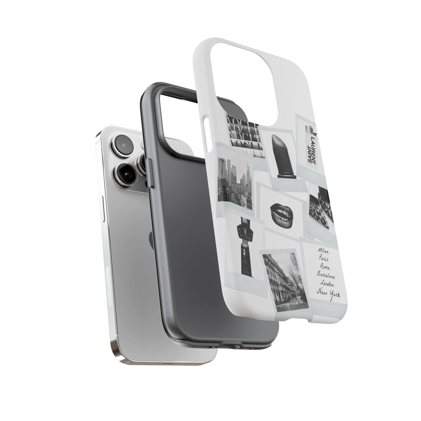 Phone Case — Black & White Polaroid Collage (City, Fashion, Lipstick)