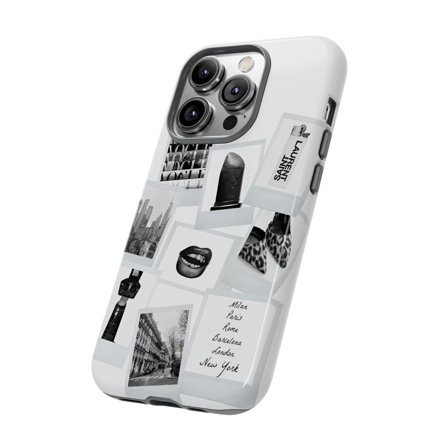 Phone Case — Black & White Polaroid Collage (City, Fashion, Lipstick)