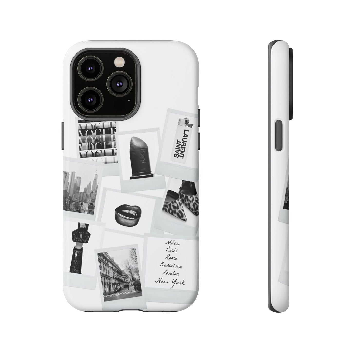 Phone Case — Black & White Polaroid Collage (City, Fashion, Lipstick)