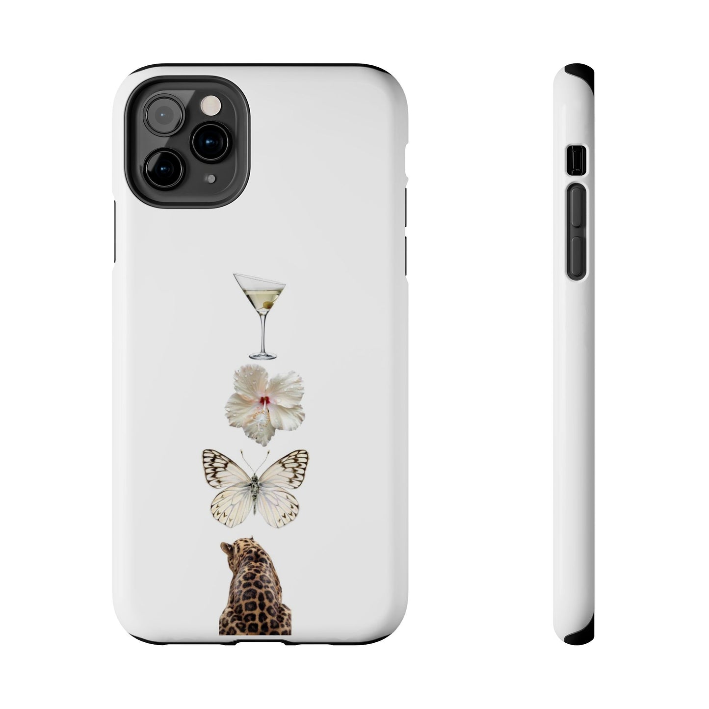 Elegant Nature-Inspired Tough Phone Case with Martini, Flower, Butterfly, and Leopard Design