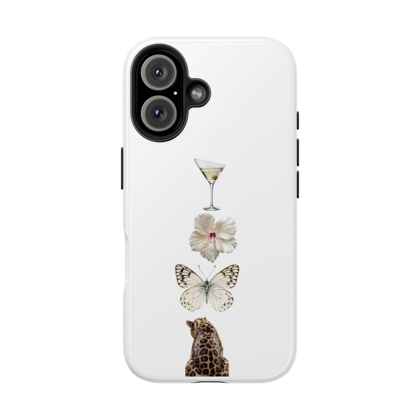 Elegant Nature-Inspired Tough Phone Case with Martini, Flower, Butterfly, and Leopard Design