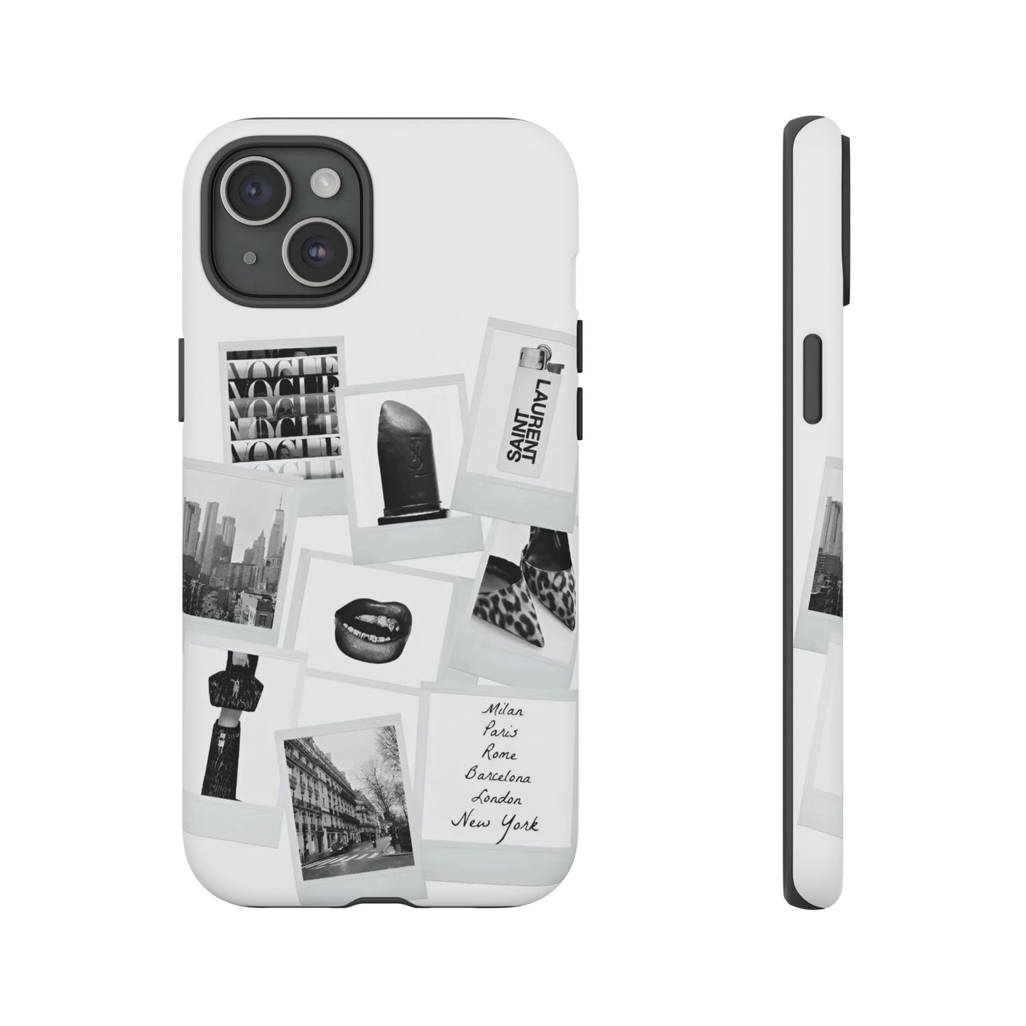 Phone Case — Black & White Polaroid Collage (City, Fashion, Lipstick)