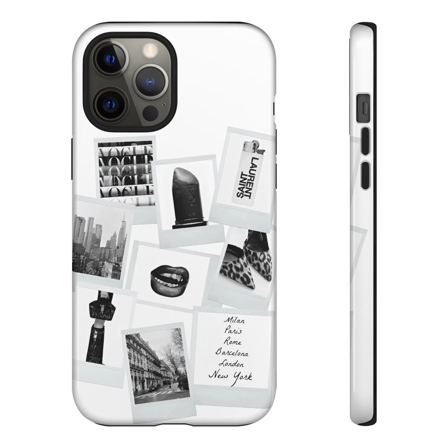 Phone Case — Black & White Polaroid Collage (City, Fashion, Lipstick)