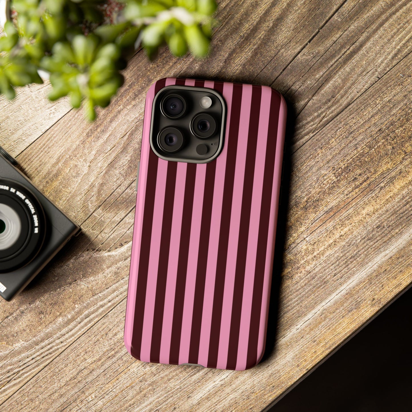Striped Pink & Burgundy Tough Phone Case — Durable Vertical Stripe Protection