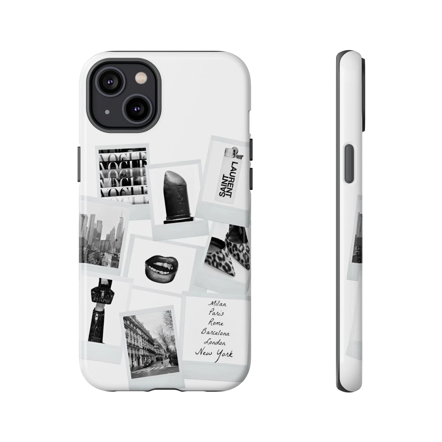 Phone Case — Black & White Polaroid Collage (City, Fashion, Lipstick)