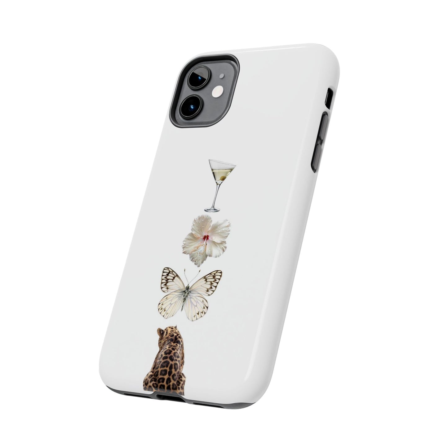 Elegant Nature-Inspired Tough Phone Case with Martini, Flower, Butterfly, and Leopard Design