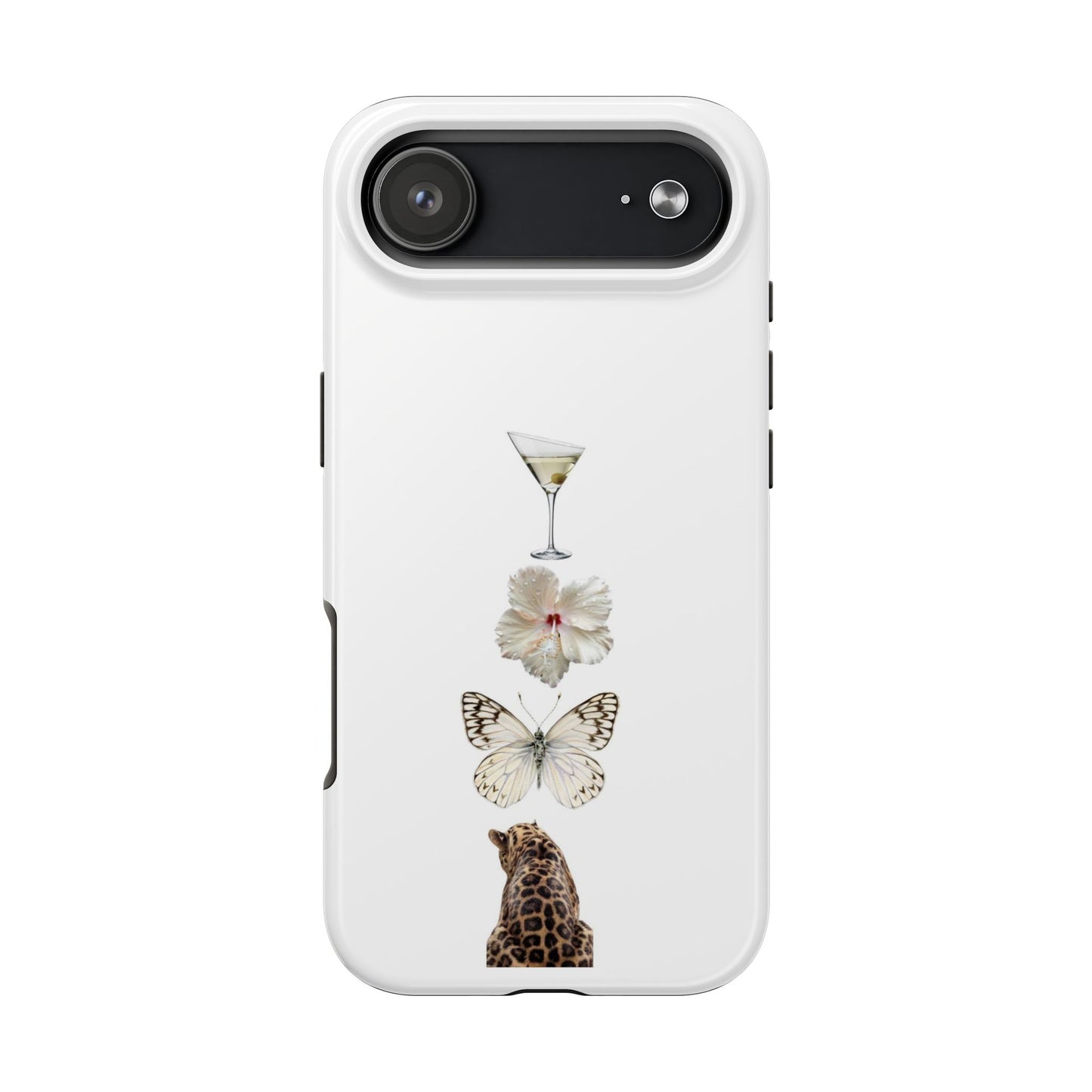 Elegant Nature-Inspired Tough Phone Case with Martini, Flower, Butterfly, and Leopard Design
