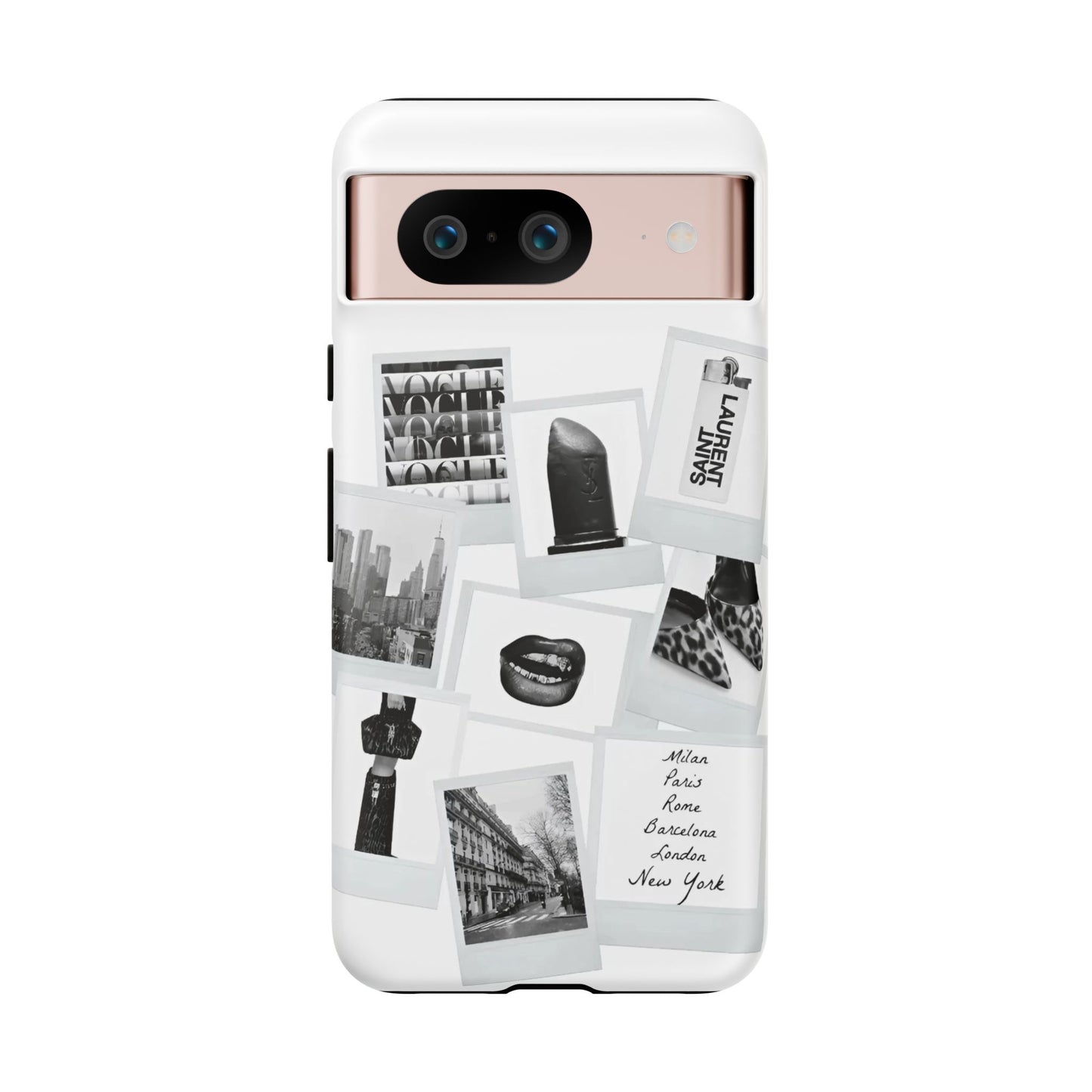 Phone Case — Black & White Polaroid Collage (City, Fashion, Lipstick)