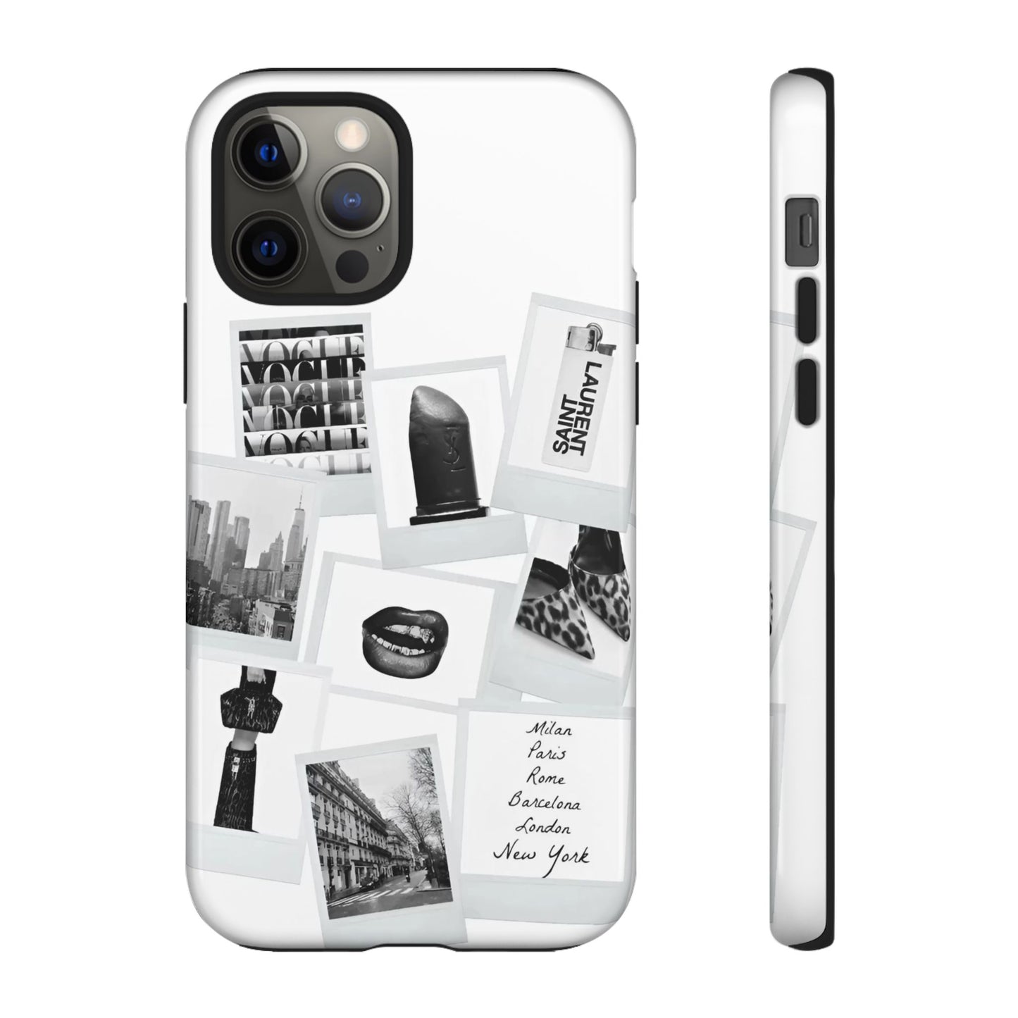 Phone Case — Black & White Polaroid Collage (City, Fashion, Lipstick)