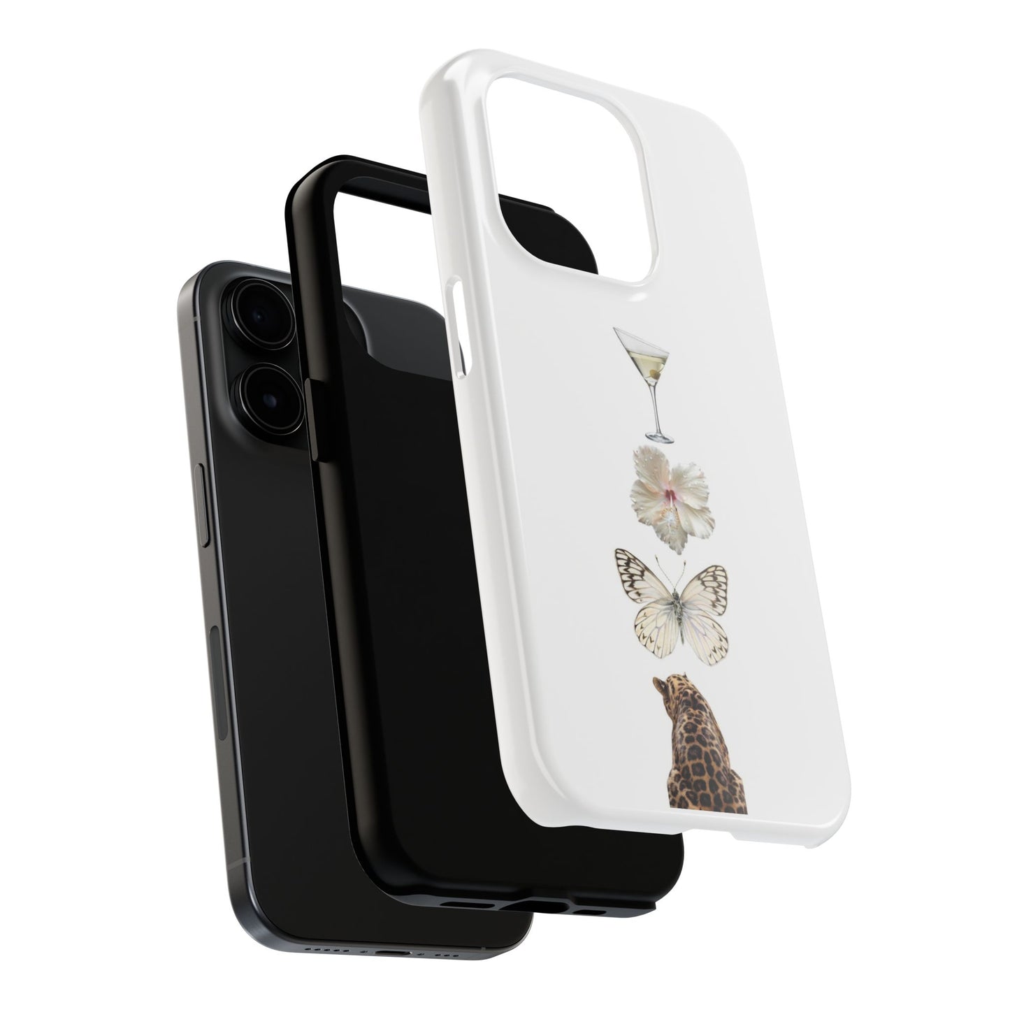 Elegant Nature-Inspired Tough Phone Case with Martini, Flower, Butterfly, and Leopard Design