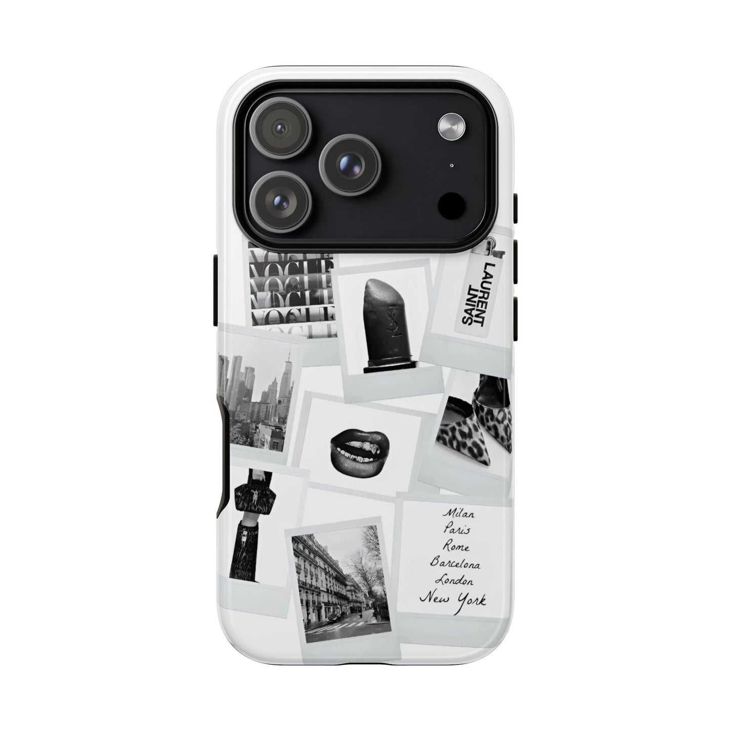 Phone Case — Black & White Polaroid Collage (City, Fashion, Lipstick)