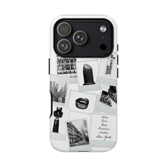 Phone Case — Black & White Polaroid Collage (City, Fashion, Lipstick)