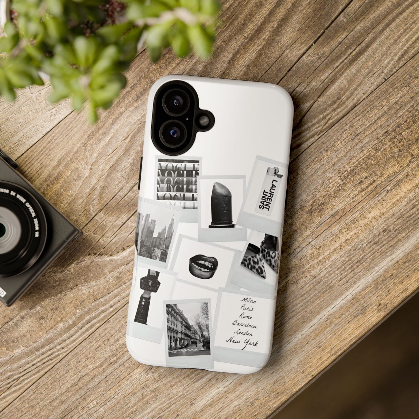 Phone Case — Black & White Polaroid Collage (City, Fashion, Lipstick)