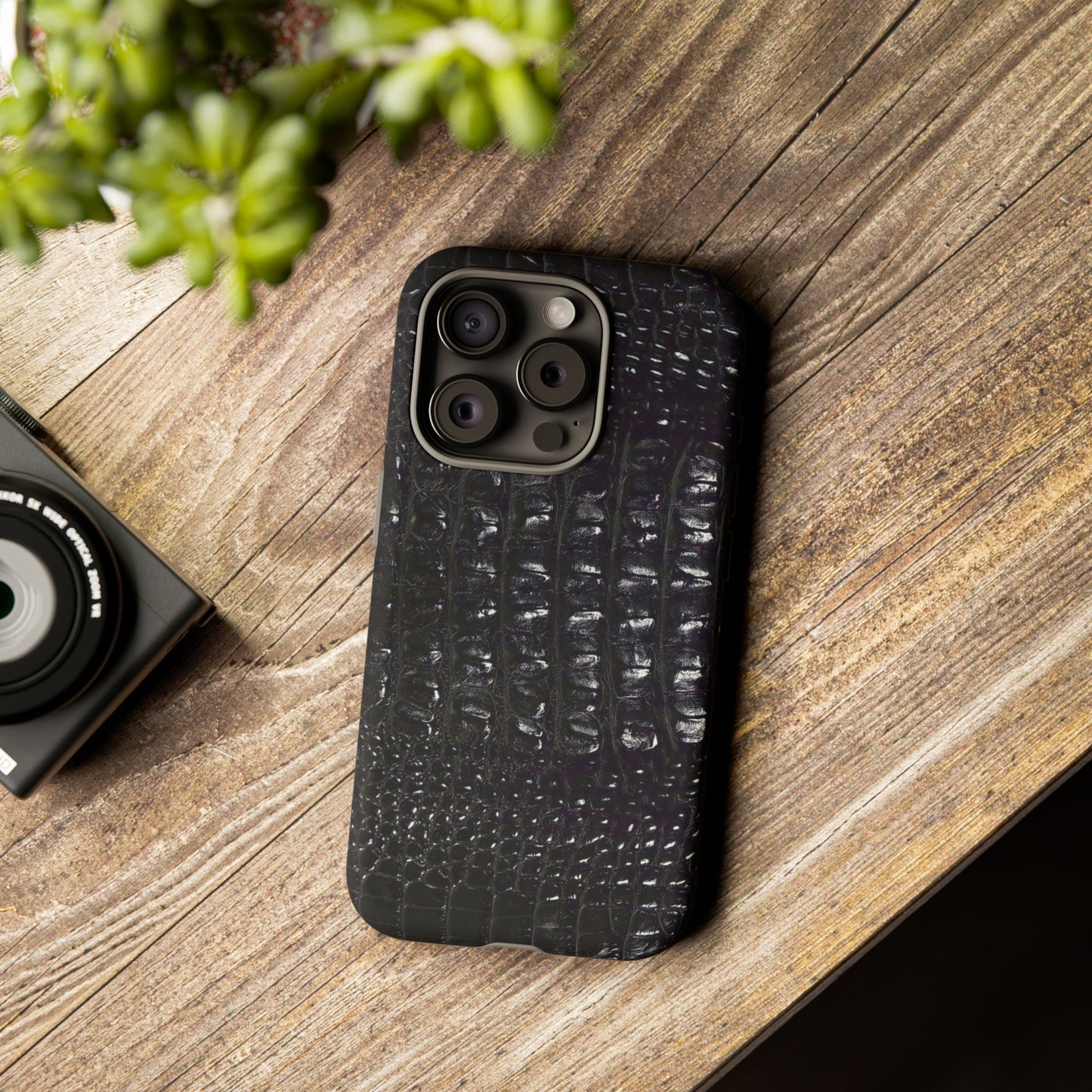 Black Croc Texture Tough Phone Case — Rugged Protective iPhone Cover