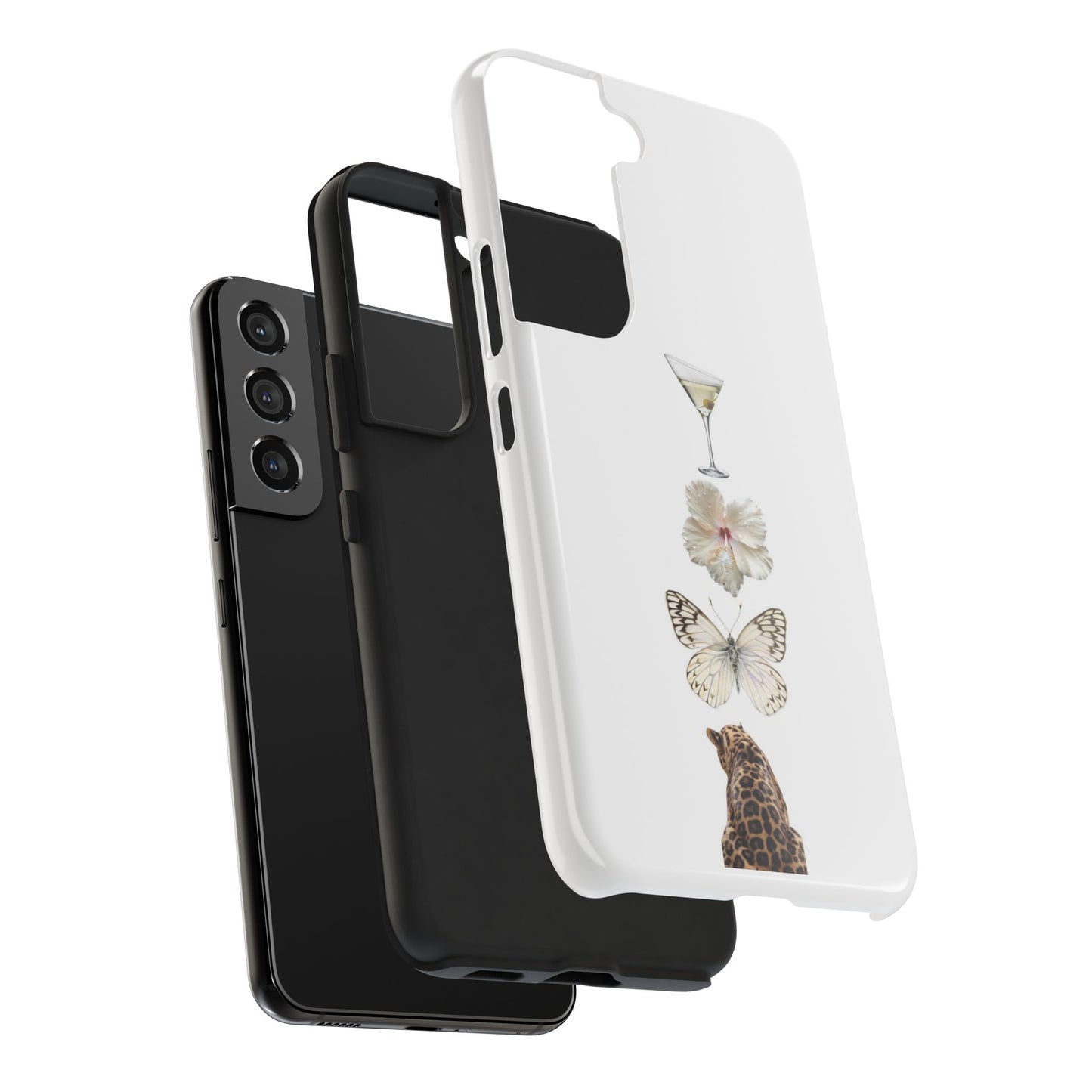 Elegant Nature-Inspired Tough Phone Case with Martini, Flower, Butterfly, and Leopard Design