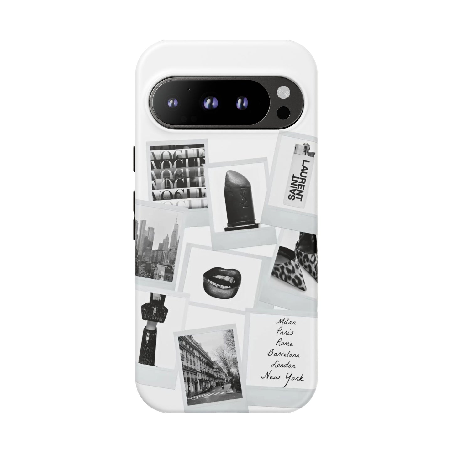 Phone Case — Black & White Polaroid Collage (City, Fashion, Lipstick)