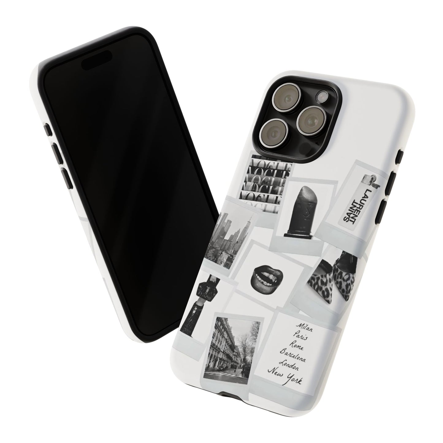 Phone Case — Black & White Polaroid Collage (City, Fashion, Lipstick)