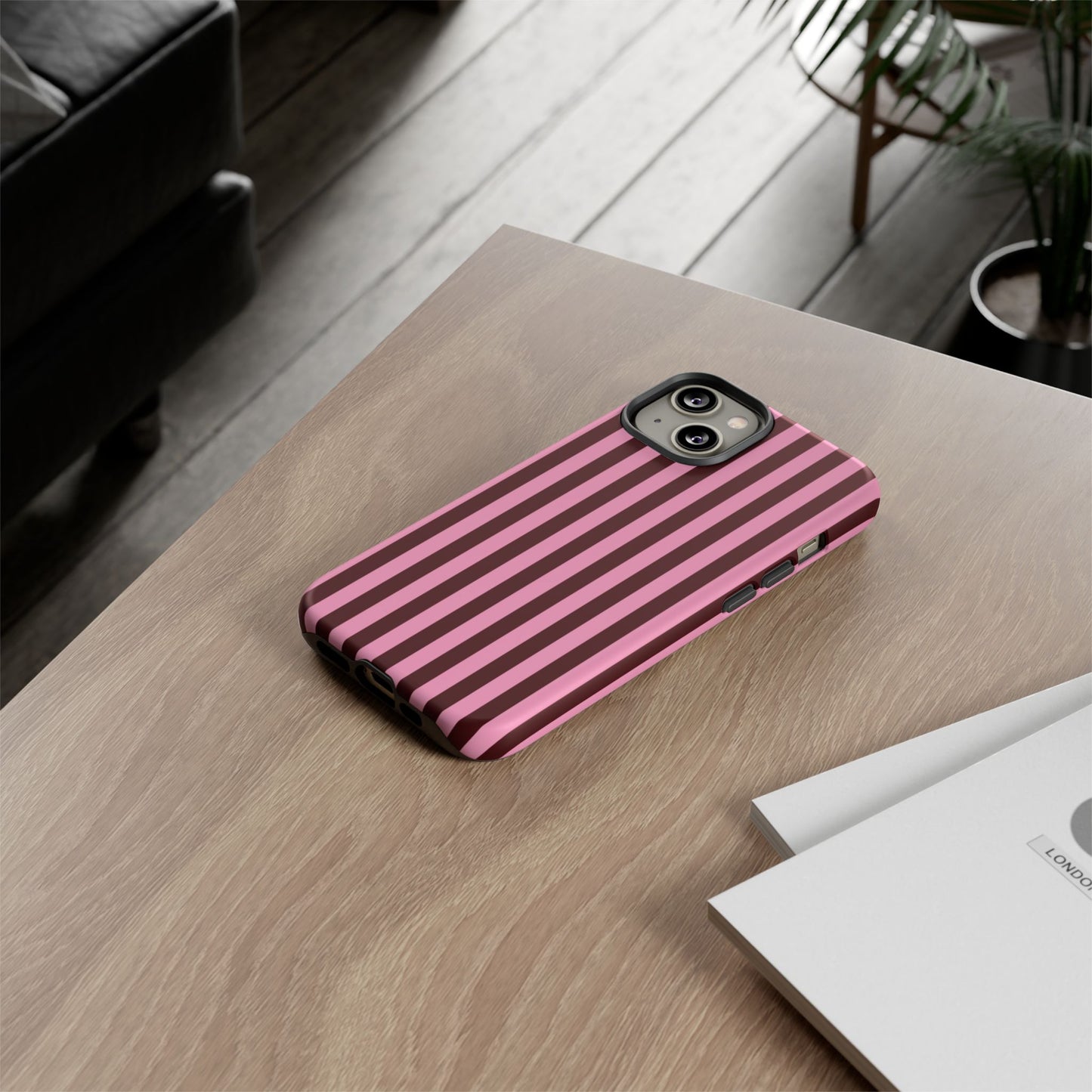 Striped Pink & Burgundy Tough Phone Case — Durable Vertical Stripe Protection