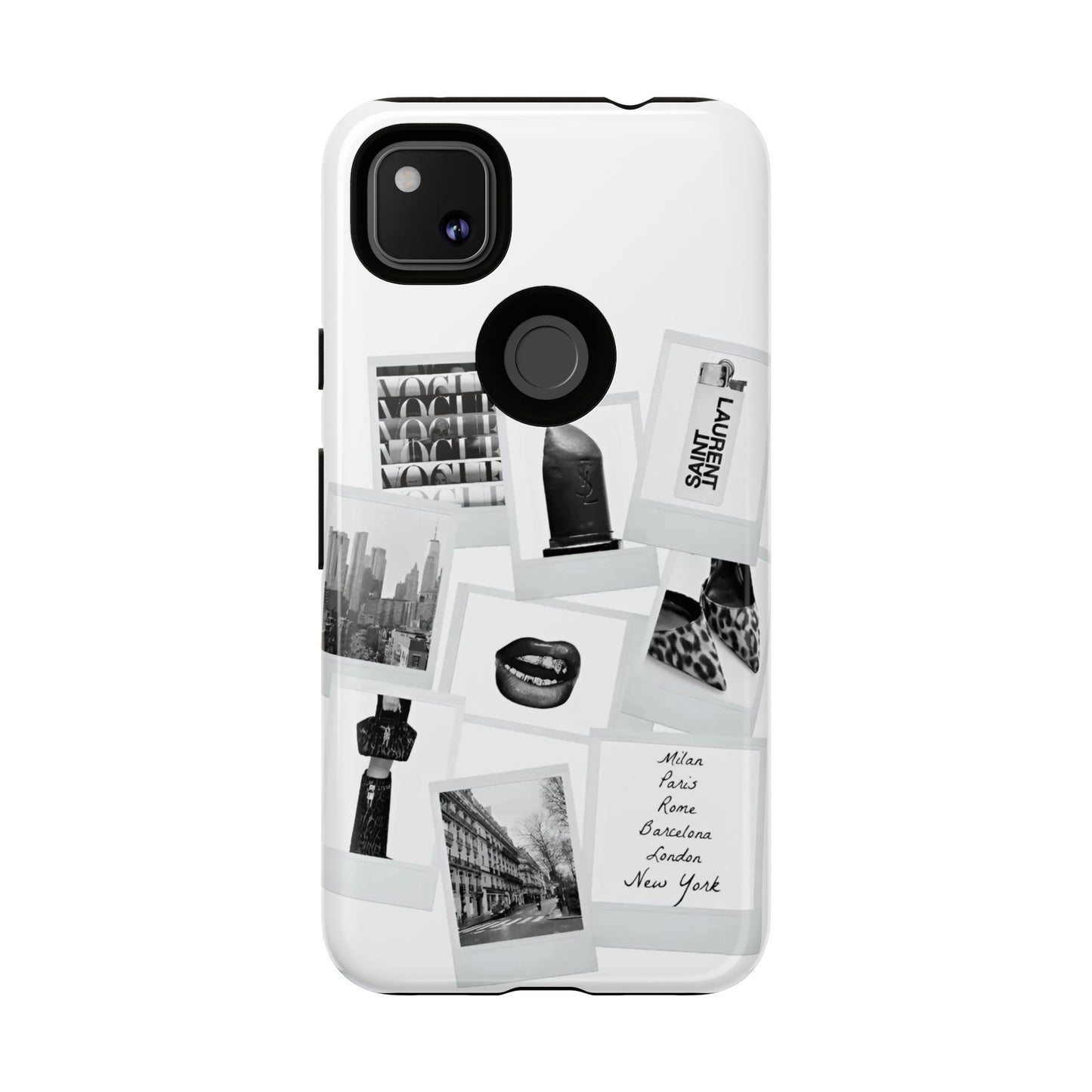 Phone Case — Black & White Polaroid Collage (City, Fashion, Lipstick)