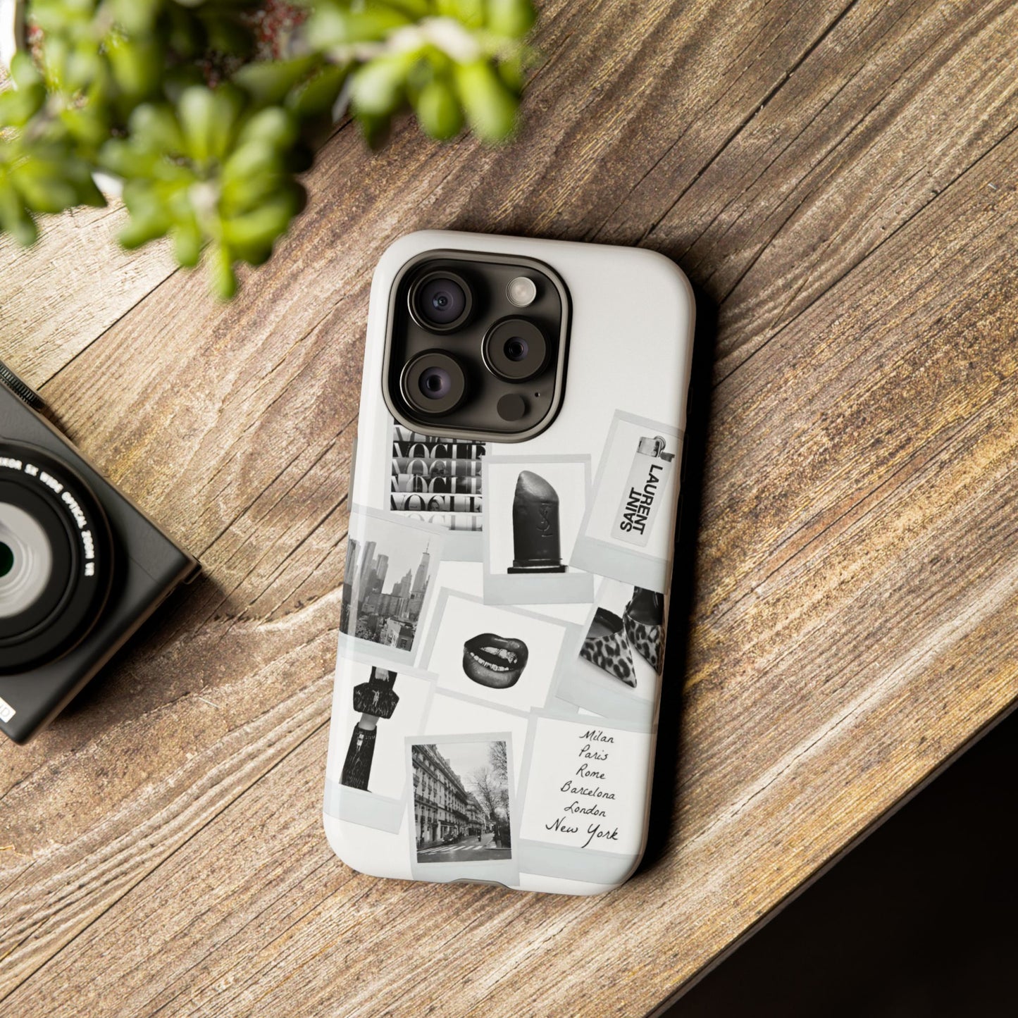 Phone Case — Black & White Polaroid Collage (City, Fashion, Lipstick)