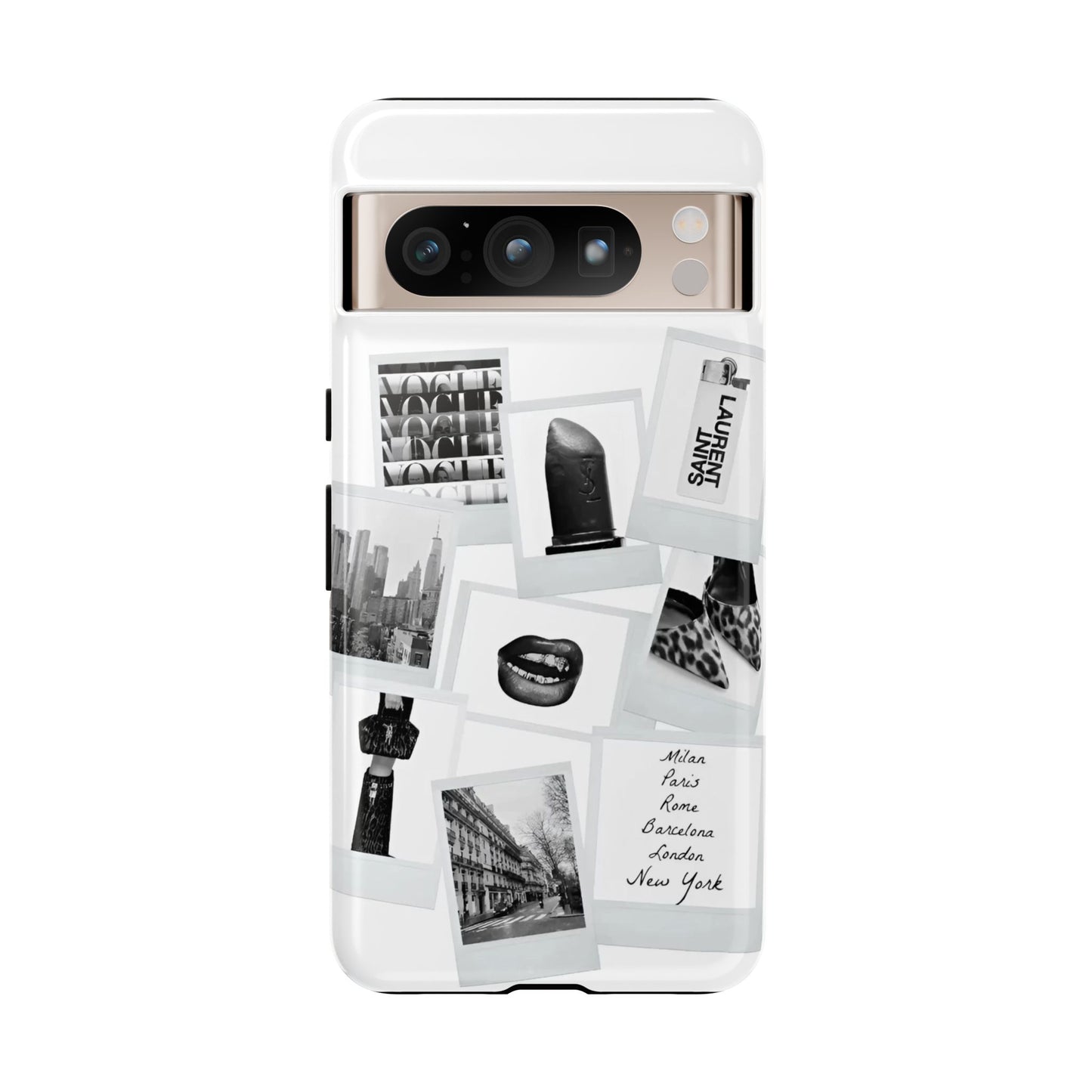 Phone Case — Black & White Polaroid Collage (City, Fashion, Lipstick)