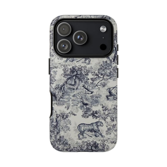 Toile Safari Phone Case — Vintage Tiger & Jungle Pattern Protective Tough Case
