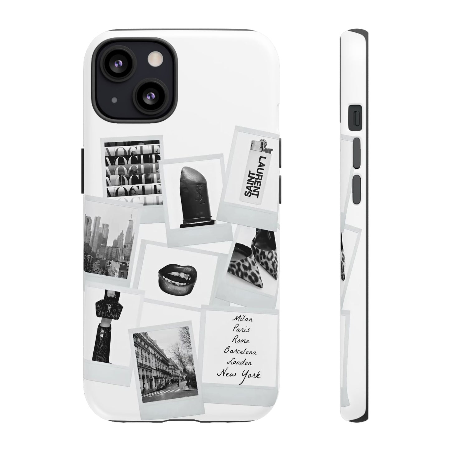 Phone Case — Black & White Polaroid Collage (City, Fashion, Lipstick)