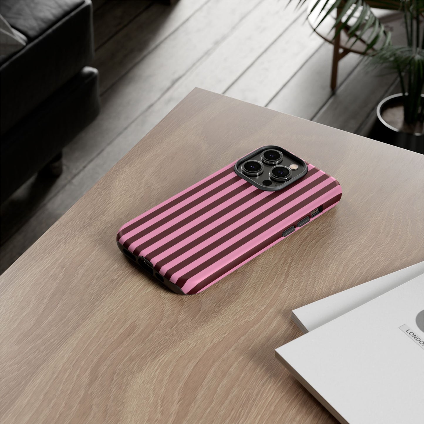 Striped Pink & Burgundy Tough Phone Case — Durable Vertical Stripe Protection