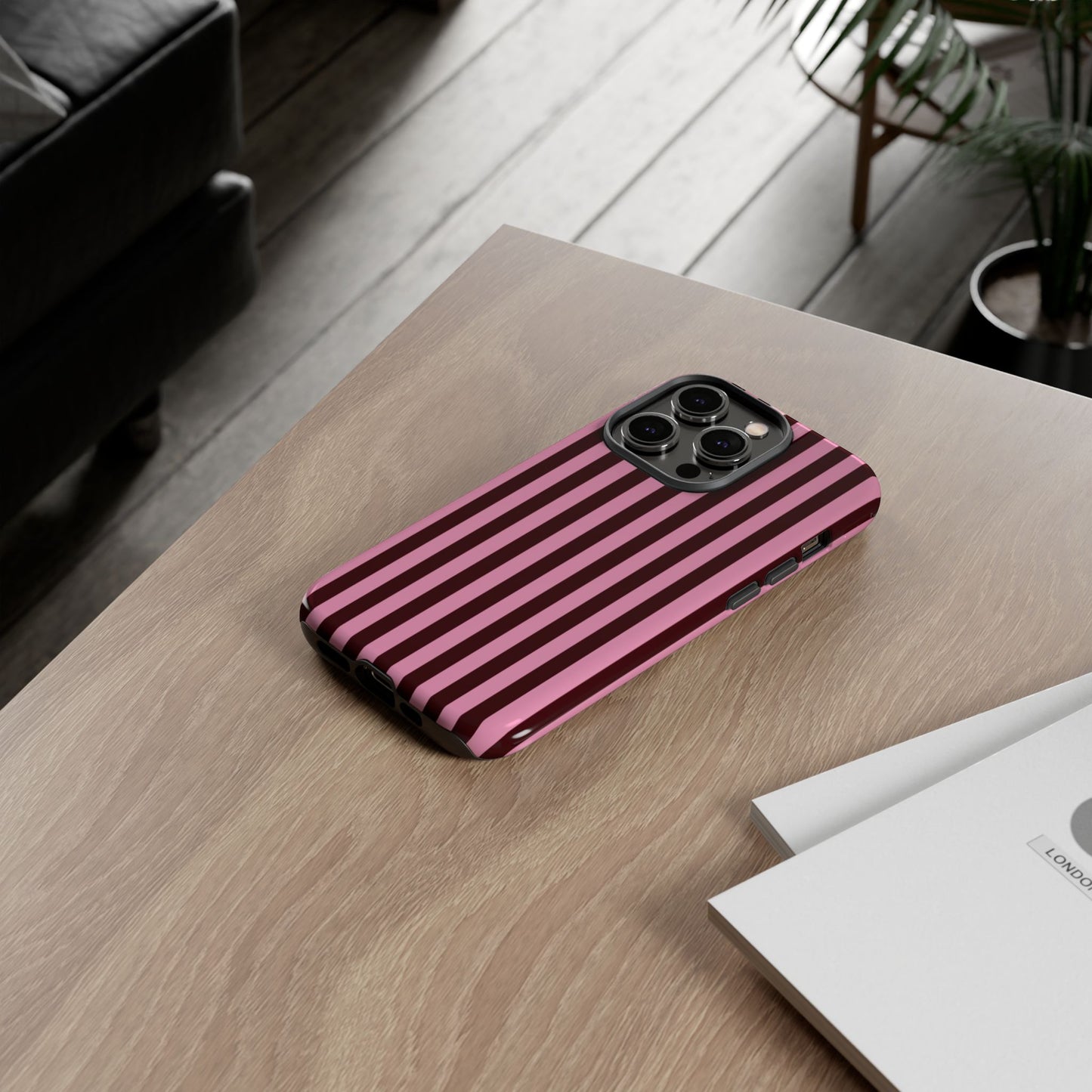 Striped Pink & Burgundy Tough Phone Case — Durable Vertical Stripe Protection