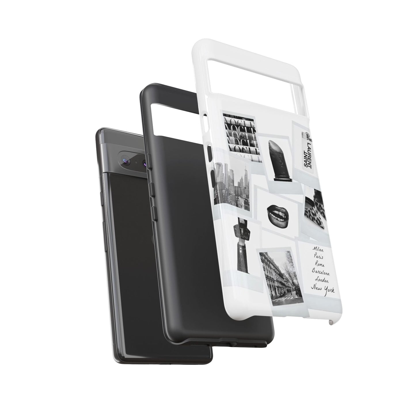 Phone Case — Black & White Polaroid Collage (City, Fashion, Lipstick)