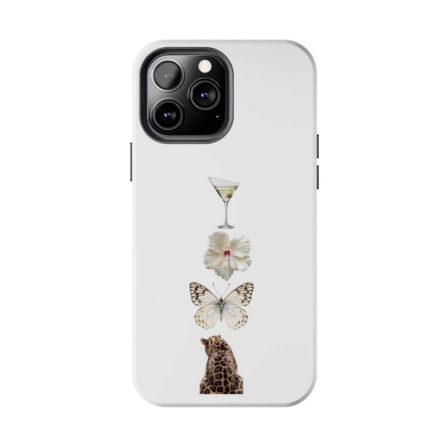 Elegant Nature-Inspired Tough Phone Case with Martini, Flower, Butterfly, and Leopard Design