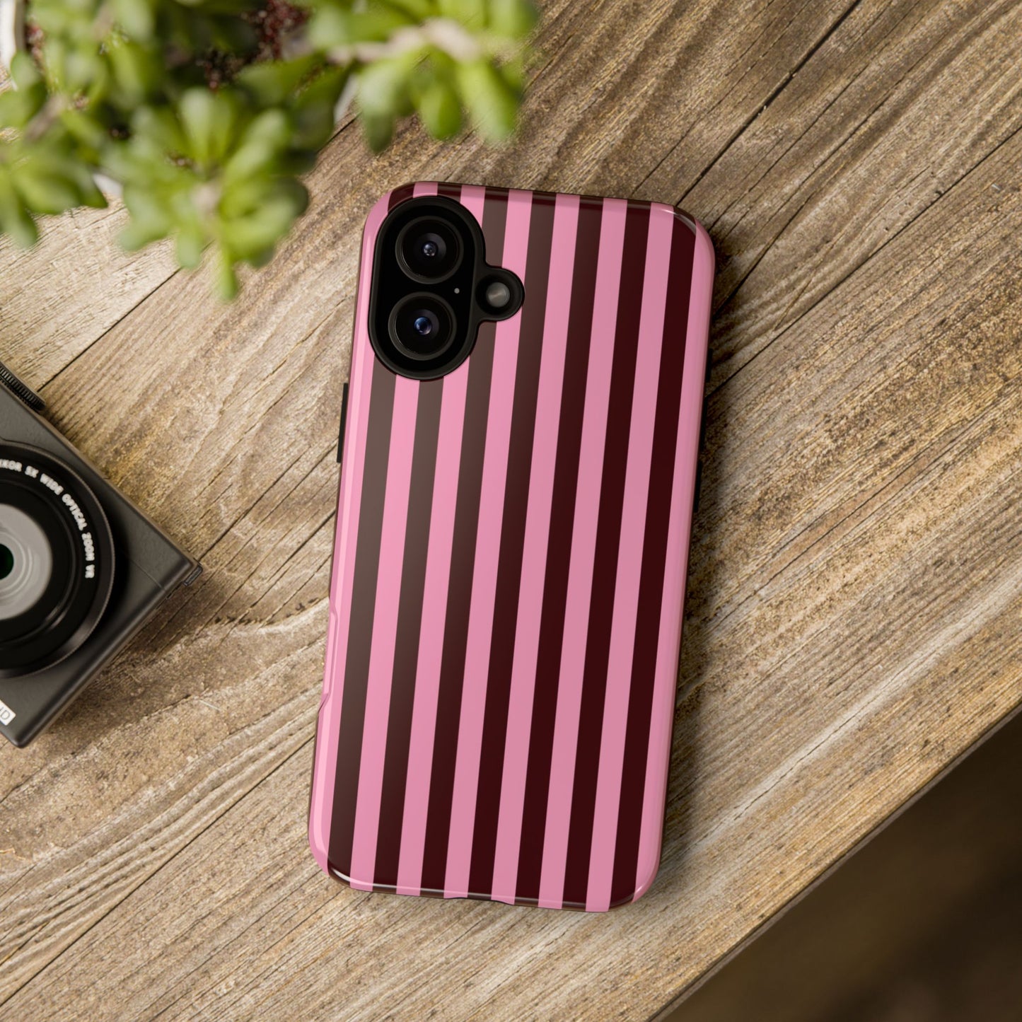 Striped Pink & Burgundy Tough Phone Case — Durable Vertical Stripe Protection