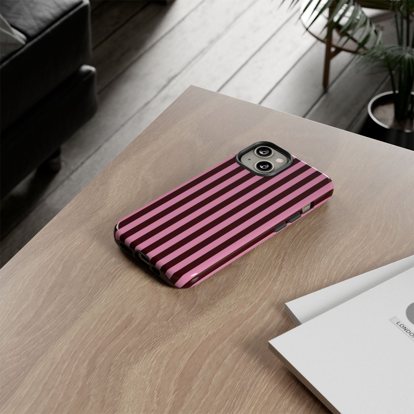 Striped Pink & Burgundy Tough Phone Case — Durable Vertical Stripe Protection