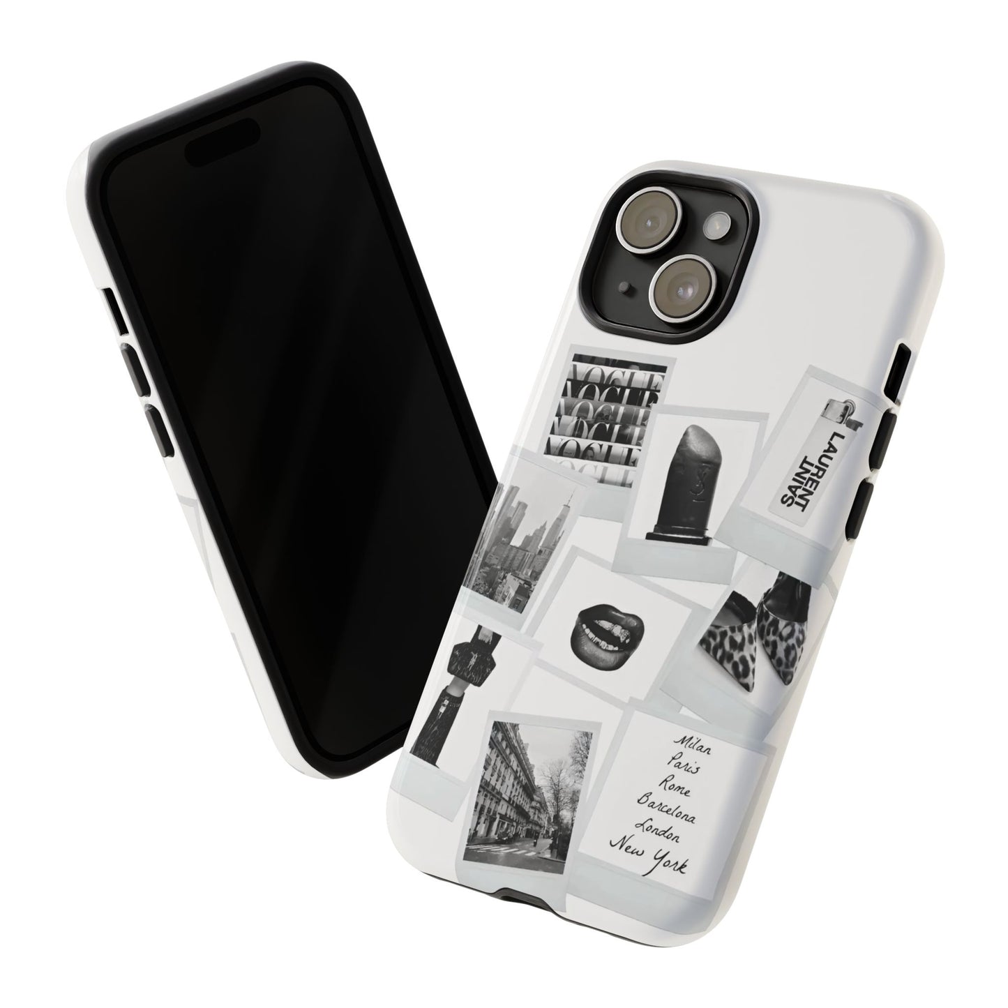 Phone Case — Black & White Polaroid Collage (City, Fashion, Lipstick)