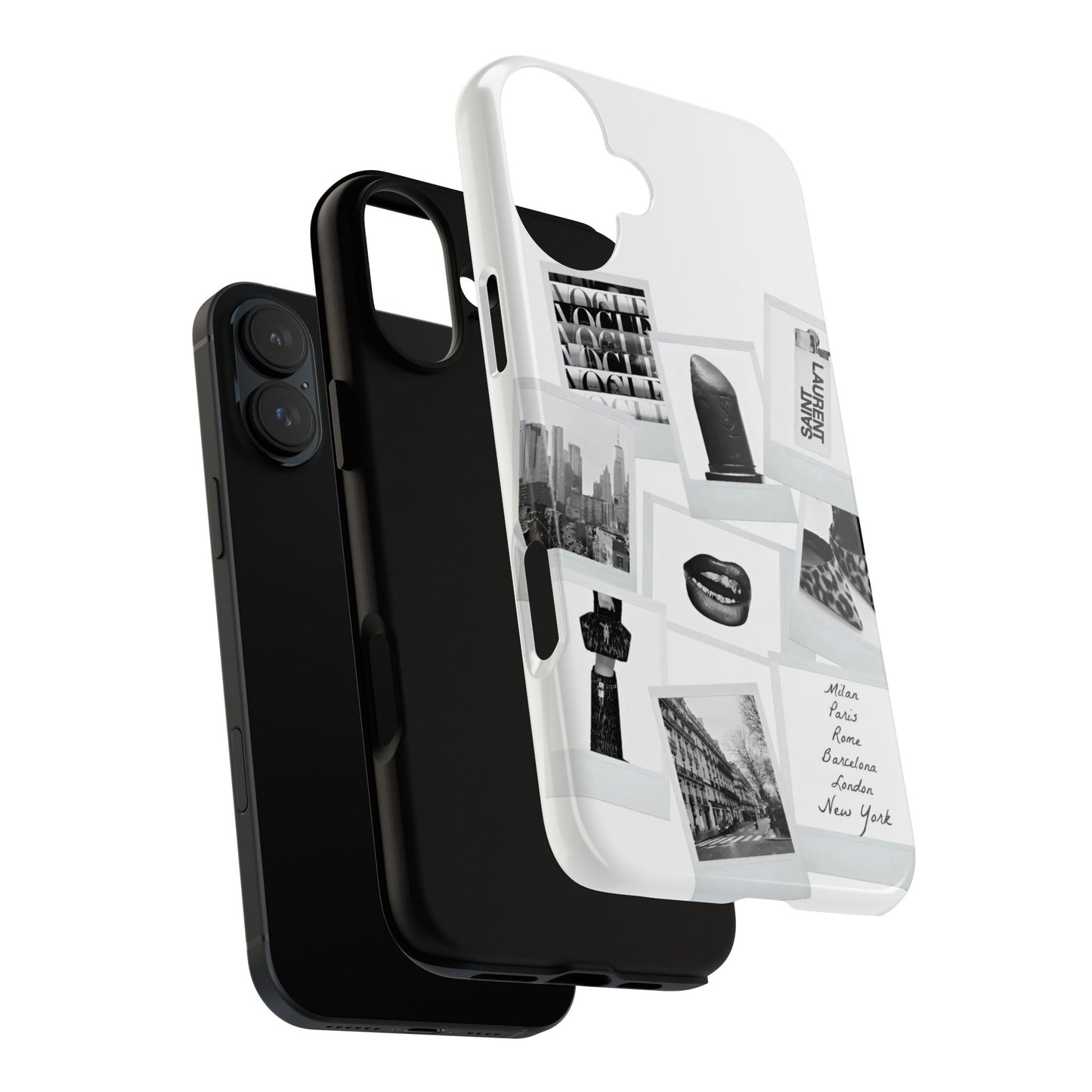Phone Case — Black & White Polaroid Collage (City, Fashion, Lipstick)