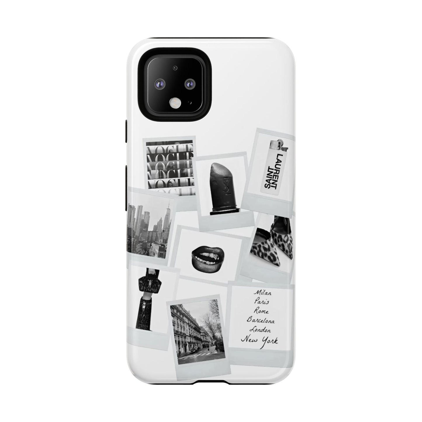 Phone Case — Black & White Polaroid Collage (City, Fashion, Lipstick)