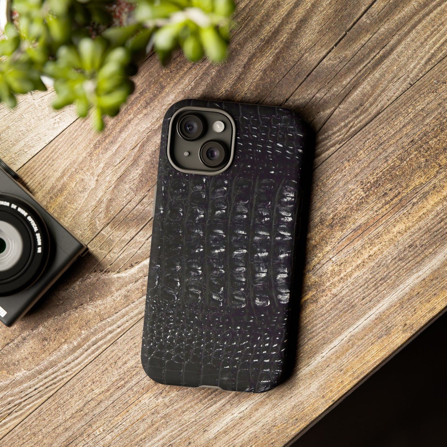Black Croc Texture Tough Phone Case — Rugged Protective iPhone Cover