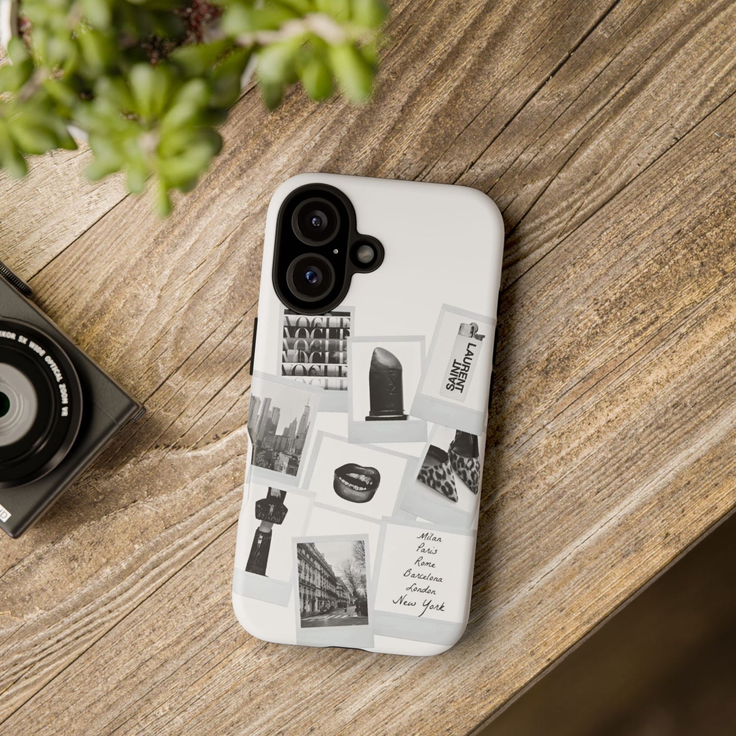 Phone Case — Black & White Polaroid Collage (City, Fashion, Lipstick)