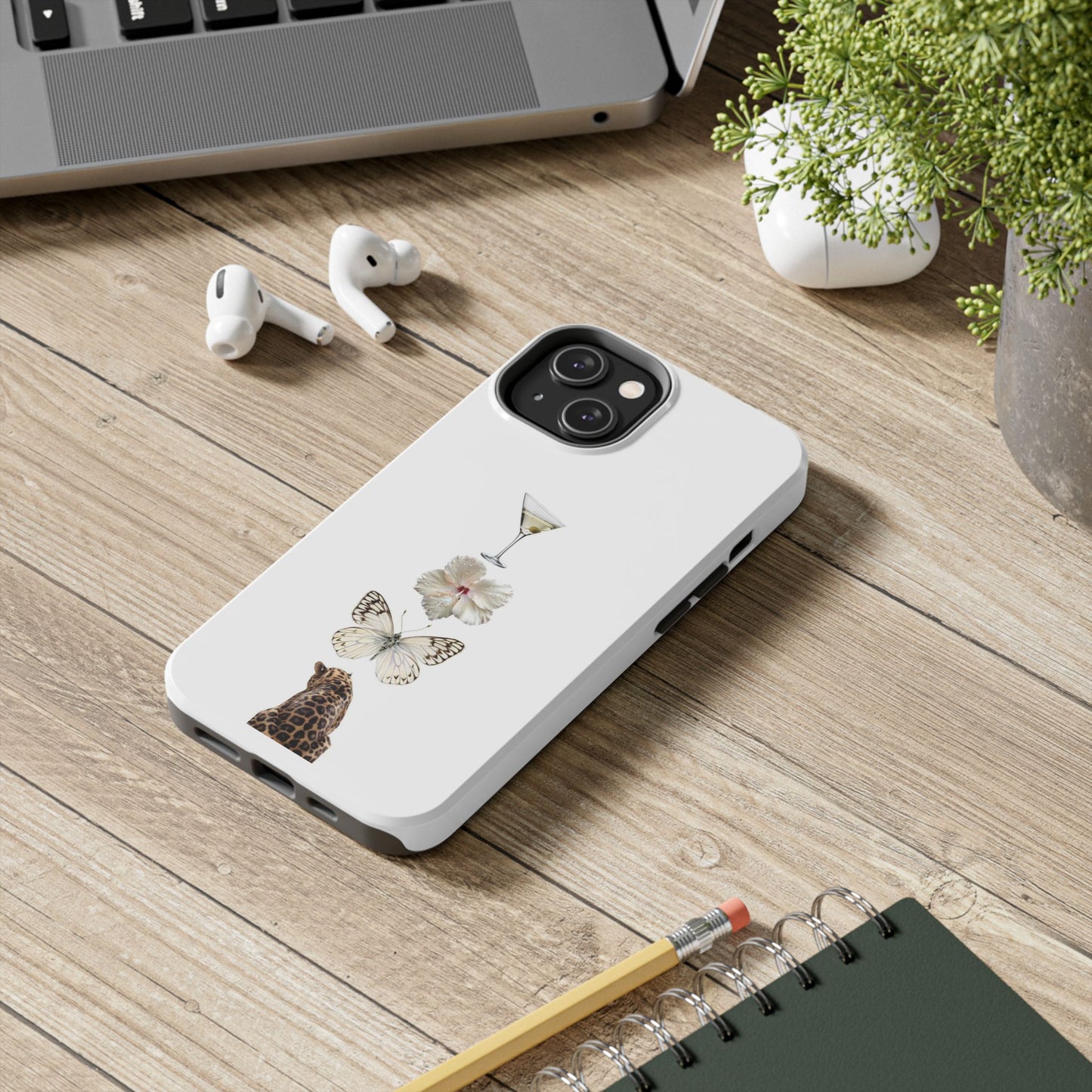 Elegant Nature-Inspired Tough Phone Case with Martini, Flower, Butterfly, and Leopard Design