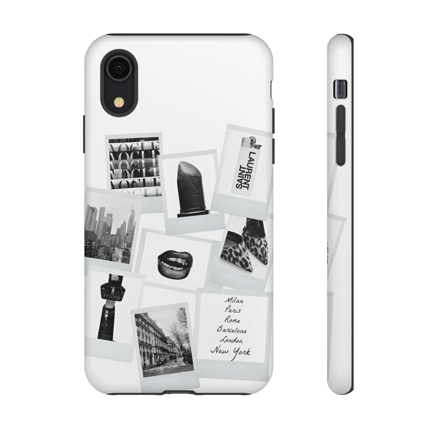 Phone Case — Black & White Polaroid Collage (City, Fashion, Lipstick)
