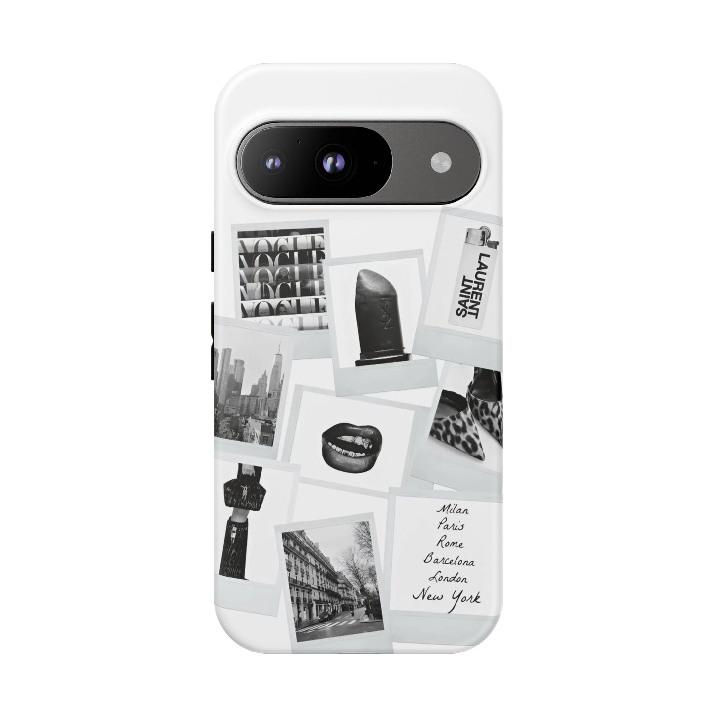 Phone Case — Black & White Polaroid Collage (City, Fashion, Lipstick)