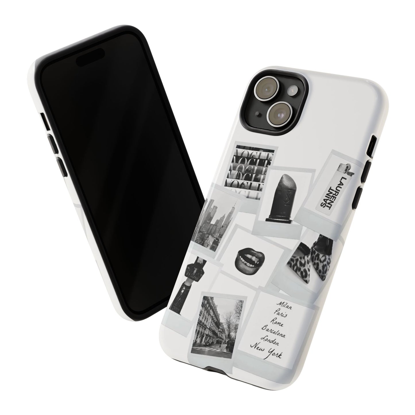 Phone Case — Black & White Polaroid Collage (City, Fashion, Lipstick)